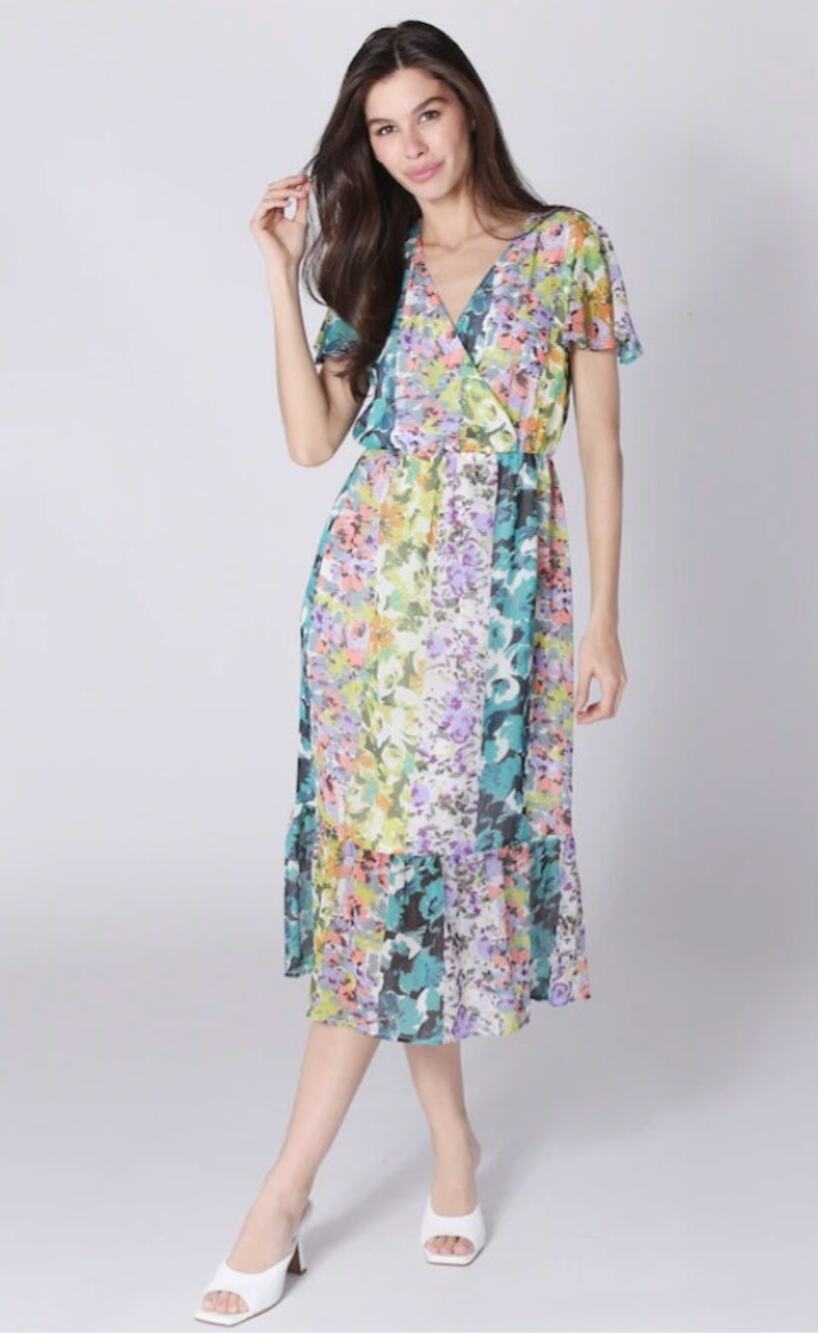Parker & Rowe Faux Wrap Crystal Youryu Dress Floral Print Size Large NWT Vibrant